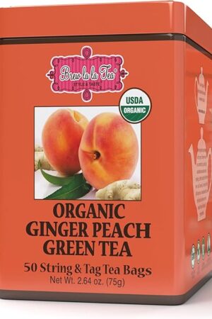 Brew La La Organic Green Tea - Natural Ginger Peach Flavor - 50 Double Chambered Tea Bags - Low Caffeine - USDA Certified Organic - NonGMO - Gluten Free