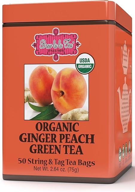 Brew La La Organic Green Tea - Natural Ginger Peach Flavor - 50 Double Chambered Tea Bags - Low Caffeine - USDA Certified Organic - NonGMO - Gluten Free