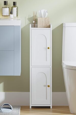Bathroom Storage Cabinet, Corner Floor Cabinet with 2 Doors and Adjustable Shelf, Narrow Toilet Paper Cabinets, Bathroom Organizer for Small Spaces, White BC49913X