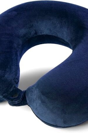 Brookstone Travel Neck Pillow - Lightweight Fleece Casing U-Shaped Stuffable Memory Foam Travel Pillow for Sleeping and Neck Support, Blue