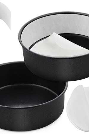 E-far 6 Inch Cake Pans Set of 2, Nonstick Stainless Steel Small Round Baking Pans with Parchment Paper & Side Liner Roll, Stainless Steel Core & Non-toxic Coating, Straight Side & 2 Inch Deep