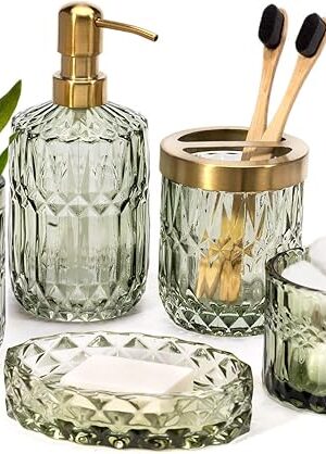 EMPO 6PCS Bathroom Clear Glass Accessories Set (Lotion Soap Dispenser, Soap Dish, Toothbrush Holder, Tumbler, Cotton Swab Jar), Contemporary Modern Decor Crystal Vintage Gift (6pcs Green)