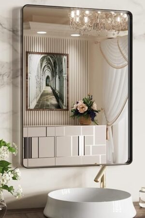 WEER Black Bathroom Mirror 22X30 Inch, Rounded Rectangle Matte Black Bathroom Vanity Mirror, Black Metal Framed Mirror for Wall, Tempered Glass, Anti-Rust, Hangs Horizontal or Vertical