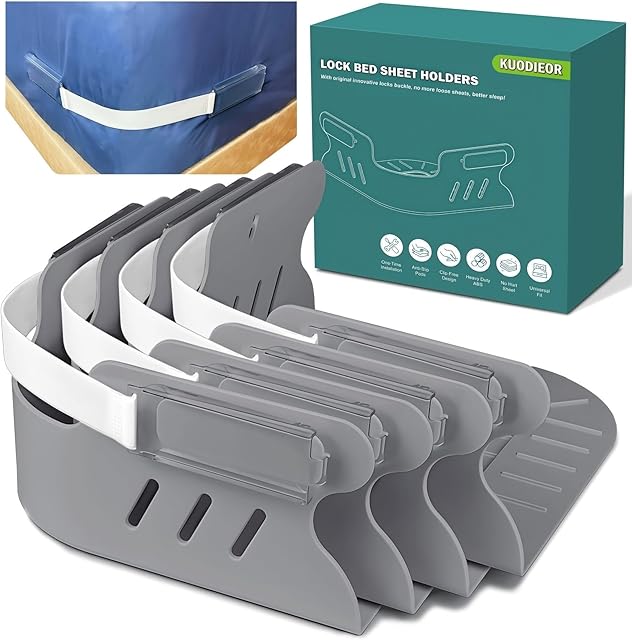 Bed Sheet Holders for Corners, Heavy Duty Fitted Sheet Holder with Lock Fastener Straps &Anti-Slip Pads Keep Sheets Firm&Tight, No More Loose Sheets, Easy Installation for Any Mattress Sizes(Set of 4)