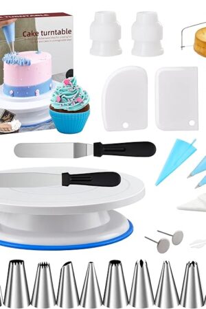 Cake Decorating Tools Supplies Kit - 82Pcs Baking Accessories with Turntable Stand Leveler 12 Piping Tips 52 Bags Icing Comb Scrapers Spatulas Cupcake Cookie Frosting Fondant Bakery Set for Beginners