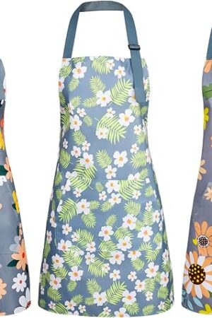 BOUMUSOE 3 Pack Floral Aprons with Pocket, Blooming Womens Aprons Waterproof Adjustable Cooking Aprons for Kitchen Gardening and Salon