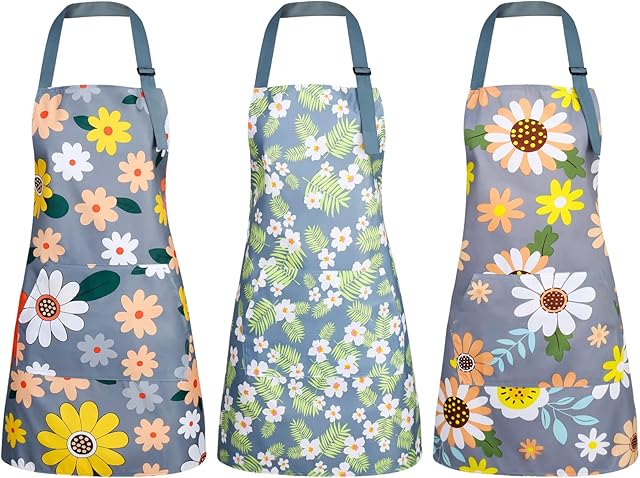 BOUMUSOE 3 Pack Floral Aprons with Pocket, Blooming Womens Aprons Waterproof Adjustable Cooking Aprons for Kitchen Gardening and Salon