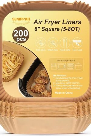 200 Pcs 8" Air Fryer Liner Square Baking Parchment Paper Airfryer Liners,Unbleached Disposable Non-stick & Non-Leak & Non-Washing Air Fryer Paper Liner for 5-8 QT Air Fryer Basket