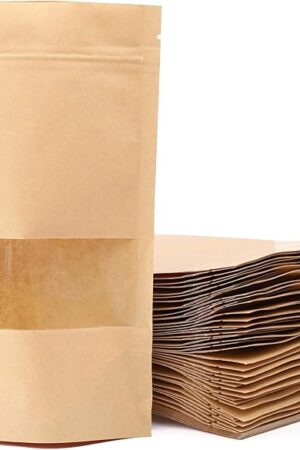 100pcs Kraft Paper Treat Bags with Window, Ziplock Stand Up Pouches for Packing Food Cookies Snacks