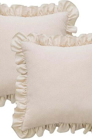 Waffle Weave Textured Throw Pillow Covers Set of 2 with Washed Cotton Retro Ruffle Flounces Trim Solid Decorative Pillow Cases for Home Livingroom and Bedroom Decor 18x18 Inch (Beige, 18x18 in)