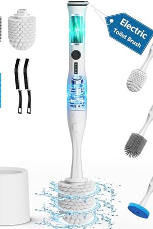 Electric Toilet Brush and Holder Set, Leebein 8 in 1 Electric Toilet Bowl Cleaning Kit with 8 Replaceable Brushes, Hard Nylon Brush and Soft Silicone Brush, 6 Refills Disposable Cleaner Brush