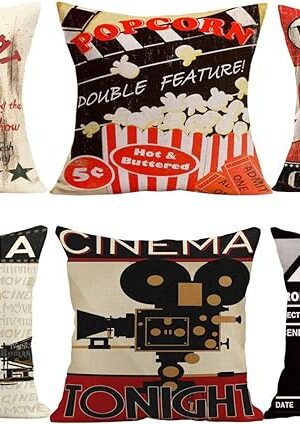 6 Pack Movie Theater Cinema Pillow Cases,Vintage Film Clapper Theme Decorative Pillow Covers Personalized Movie Theater Decor Cushion Cover,18x18 Inches(CASE ONLY)