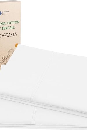 California Design Den 100% Organic Cotton Pillow Cases Queen/Standard Set of 2, Soft & Cooling Percale Weave Cotton Pillowcases (Bright White)