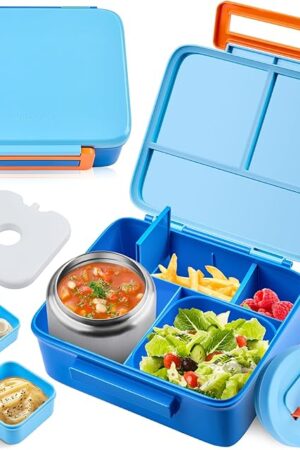 Bento Lunch Box for Kids with 8oz Soup Thermo Leak-Proof Lunch Food Containers with Snack Sauce Container for Kid Toddler Girls Boys to School, Blue
