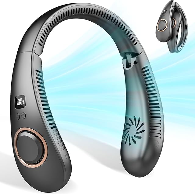 Neck Fan Rechargeable,Portable Neck Fan that Blow Cold Air Battery Operated,Folding Personal Fans Neck Hands Free,Bladeless Cooling Neck Fans Electric Wearable Necklace Fan for Travel Airplane Black