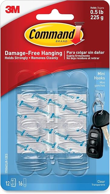 Command 17006CLRES Mini Hooks, w/Adhesive Strips,Holds 1/2 lb, 6/PK, Clear