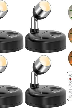 4 Pack Wireless LED Spotlights Indoor, Plant Battery Operated Tree Lights, Uplighting Picture Light with Remote, Accent Lights for Display Artwork Dartboard