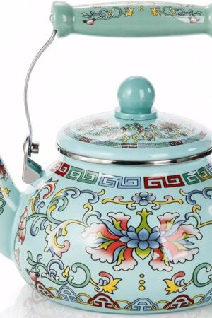 2.6 Quart Floral Enamel Tea Kettle, Vintage Enameled Teapot Stovetop, Enamel on Steel Water Coffee Tea Pot with Ceramic Handle, Colorful Hot Water Kettle for Home Kitchen Decor, No Whistling