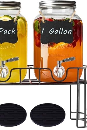 1 Gallon Glass Drink Dispenser with Stand,2 Pack Glass Beverage Dispenser with Stainless Steel Spigot,Water Lemonade Dispenser for Parties