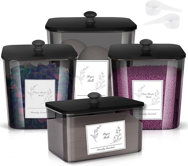 4 Pack Laundry Detergent Containers & Dryer Sheet Holder with Black Lids, Scoops & Labels - Plastic Laundry Organizer and Storage Jars for Pods, Detergent, Scent Booster