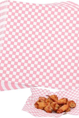 100 Sheets Pink and White Checkered Deli Paper Sheets 12 * 12 Inch, Food-graded Greaseproof Paper Basket Liners for Sandwiches, Burgers, Fries Wrapping Paper for Party, Festival and Outdoors