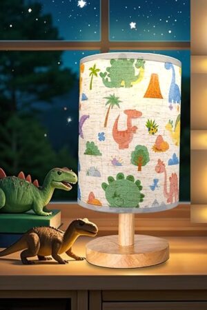 Dinosaur Lamp, Dinosaur Room Decor for Boys, 3 Level Dimmable Wood Nightstand Desk Base Flaxen Fabric Shade for Bedroom Living Room, Dino Gifts for Boys