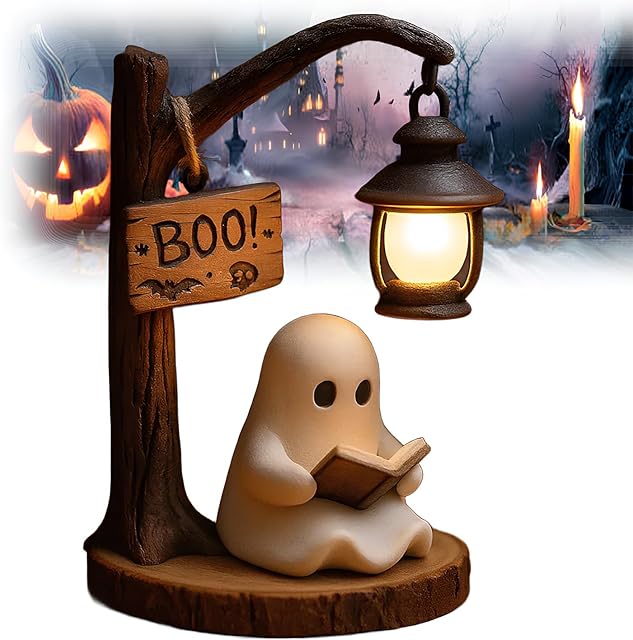 Cute Ghost Reading Lantern - Boo, 3D Resin Halloween Ghost Night Light Ghost Warm Light Indoor Reading Lamp Glowing Halloween Ghost Decorations for Bedroom Living Room