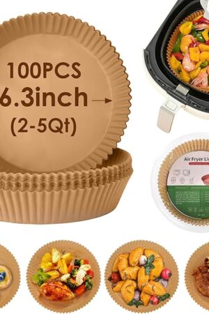 100Pcs Air Fryer Disposable Paper Liner, Non-stick Air Fryer Airfryer Parchment Paper Liners Round, Grease Proof Bakery Baking Paper for Air fryer Basket Roasting, Oil-proof, Food Grade (6.3 Inch)