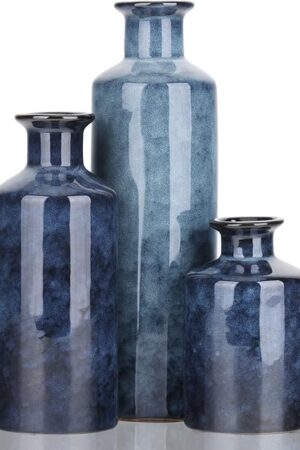 Blue Ceramic Vase Set - 3 Blue Small Vases, Farmhouse Country Flower Vase Home Decor, Living Room Decoration, Table Decoration, Fireplace Decor, and Entrance Decorations Centerpieces