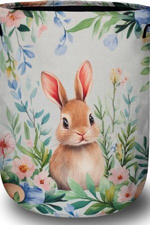 Easter Bunny Laundry Basket, Foldable Rabbit Flower Laundry Hamper Tote Bag Dirty Clothes Storage Bucket Toy Organizer for Bathroom/Laundry/Bedroom 15.7"x19.6"