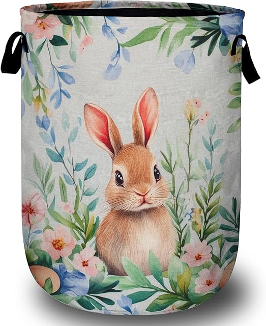 Easter Bunny Laundry Basket, Foldable Rabbit Flower Laundry Hamper Tote Bag Dirty Clothes Storage Bucket Toy Organizer for Bathroom/Laundry/Bedroom 15.7"x19.6"