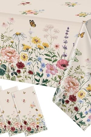 3 Pcs Spring Floral Tablecloth, Butterfly Wildflower Plastic Disposable Tablecloth Rectangle Table Covers for Easter, Birthday, Wedding, Mothers Day Tea Party Supplies and Decorations,54 x 108 Inch