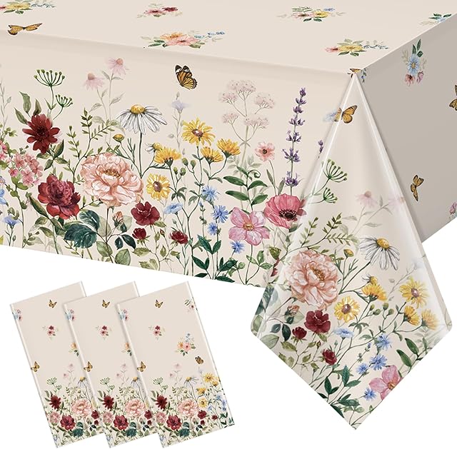3 Pcs Spring Floral Tablecloth, Butterfly Wildflower Plastic Disposable Tablecloth Rectangle Table Covers for Easter, Birthday, Wedding, Mothers Day Tea Party Supplies and Decorations,54 x 108 Inch