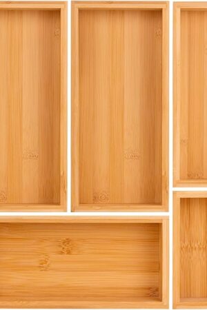 bamboo drawer organizer Set，expandable drawer dividers,wooden storage organizers,large trays for kitchen, bathroom,flatware,Tea Bag Organizer (1 X 5PCS Natural)
