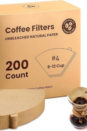 #4 Cone Coffee Filters 8-12 Cup, 200 Count Unbleached Natural Coffee Paper Filters, No Blowout, Disposable Coffee Filter for Pour Over and Drip Coffee Maker