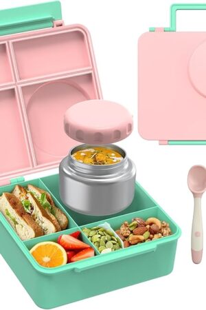 Bento Lunch Box Set for Kids with 8oz Soup Thermo, Leak-Proof Lunch Containers with 4 Compartment, Thermo Hot Food Jar and Insulated Lunch Bag for Kids to School (pale pink)