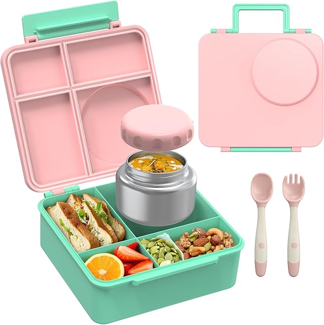 Bento Lunch Box Set for Kids with 8oz Soup Thermo, Leak-Proof Lunch Containers with 4 Compartment, Thermo Hot Food Jar and Insulated Lunch Bag for Kids to School (pale pink)