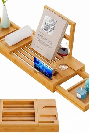 Yirilan Bamboo Bathtub Tray, Expandable Bathroom Tray, Waterproof Tray Caddy, Perfect Bath Caddy for Home Spa, Gift for Loved Ones, Bamboo