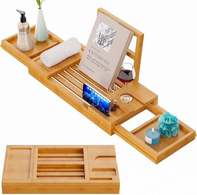 Yirilan Bamboo Bathtub Tray, Expandable Bathroom Tray, Waterproof Tray Caddy, Perfect Bath Caddy for Home Spa, Gift for Loved Ones, Bamboo