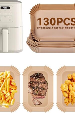 130PCs Air Fryer Paper Liners for bella 4Qt Slim Air Fryer(3.3lb Capacity), Rectangular Airfryer Disposable Parchment Paper Liner, Non-Stick Food-grade Air-Frier Accessories Rectangle Free of Bleach