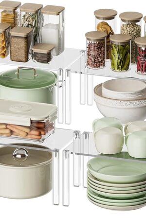 Clear Cabinet Organizer: Acrylic Shelf Riser Set of 4 for Kitchen Pantry Organizers and Storage - Countertop Spice Rack for Cabinet - Stackable Display Shelf Decor for Gift