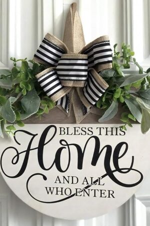 Welcome Sign for Front Door, Rustic Round Wood Wreaths Wall Hanging Outdoor Decor, Porch Fence Decorations Hanging Gift for Home Outdoor for Spring Summer Fall All Seasons Holiday, Bless This Home