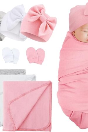 DRESHOW BQUBO Newborn Receiving Blankets Cotton Warm Sleepsack with Mittens & Bow Hats Hospital Baby Swaddling Shower Gift