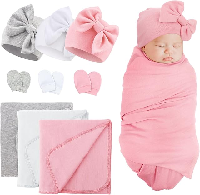 DRESHOW BQUBO Newborn Receiving Blankets Cotton Warm Sleepsack with Mittens & Bow Hats Hospital Baby Swaddling Shower Gift
