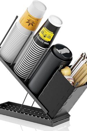 Dunatou Cup and Lid Holder, Adjustable Coffee Cup Holder Organizer, 4 Compartment Coffee Cup Dispenser, Straw Dispenser for Countertop, Coffee Station Bar, Office Breakroom, Black