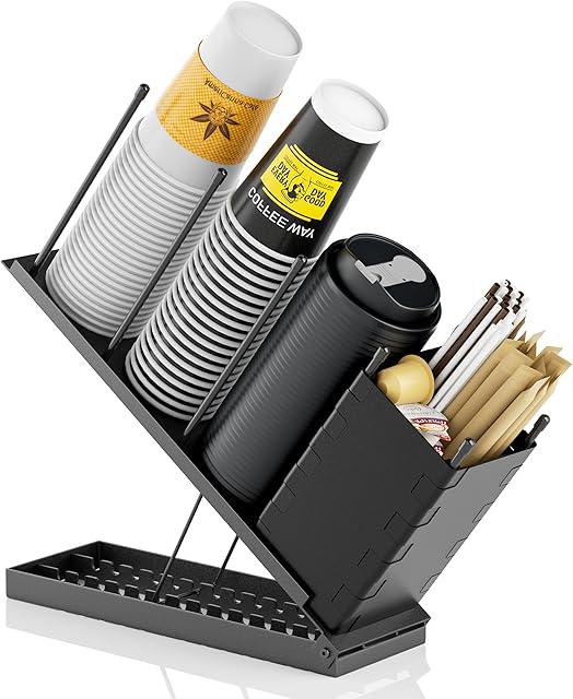 Dunatou Cup and Lid Holder, Adjustable Coffee Cup Holder Organizer, 4 Compartment Coffee Cup Dispenser, Straw Dispenser for Countertop, Coffee Station Bar, Office Breakroom, Black