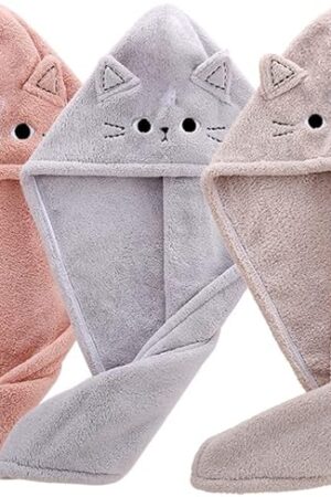 Cute Cat Microfiber Hair Towel Wrap for Kids,3 Packs Hair Drying Towels Rapid Dry Hair Turban Funny Twist Hair Towel for Women Girls Kids Curly Long Hair(Cat)