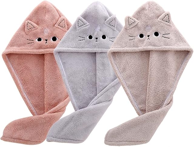 Cute Cat Microfiber Hair Towel Wrap for Kids,3 Packs Hair Drying Towels Rapid Dry Hair Turban Funny Twist Hair Towel for Women Girls Kids Curly Long Hair(Cat)