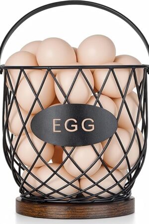 Chicken Egg Basket for Gathering Fresh Eggs with Metal Handle, Wire Egg Collecting Basket with Wooden Base, Round Egg Holder Countertop, Vintage Rustic Farmhouse Kitchen Decor Fruit Storage