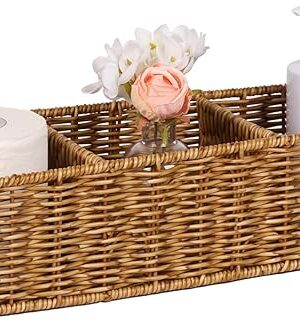 Wicker Toilet Paper Basket: 3 Water-Resistant Compartments Organizer - Extra-Large Storage for Bulk Rolls & Toiletries (Farmhouse & Scandinavian, Tan)